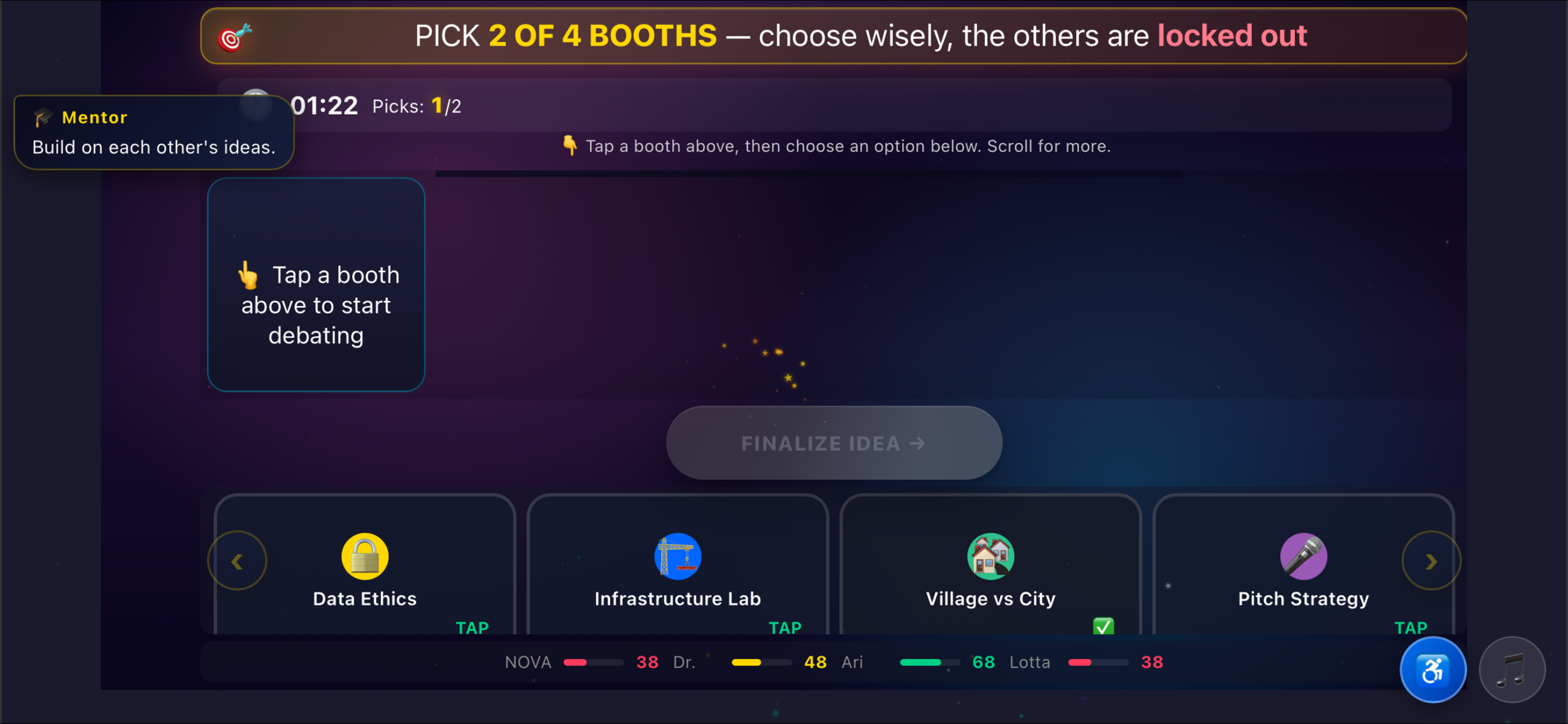 Brainstorm — pick 2 of 4 booths to debate